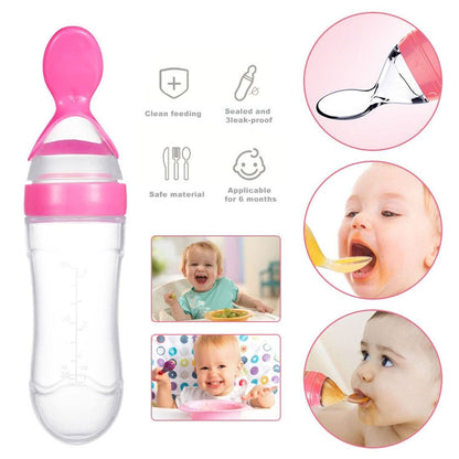 90ml Feeder With Spoon – Soft Silicone Baby Feeding Bottle With Spoon Dispenser For Easy And Mess Free Feeding (Random Color)