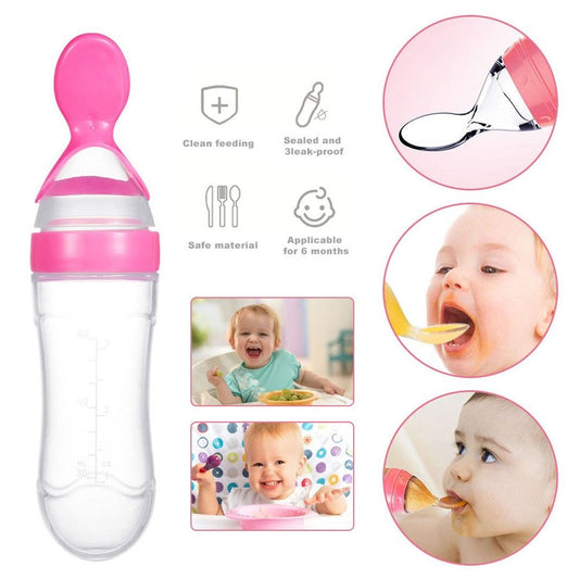 90ml Feeder With Spoon – Soft Silicone Baby Feeding Bottle With Spoon Dispenser For Easy And Mess Free Feeding (Random Color)