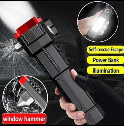 High Power LED Torch Light Rechargeable Flashlight – Multi Functional Emergency Tool With Power Bank, Window Hammer, And Bright Illumination