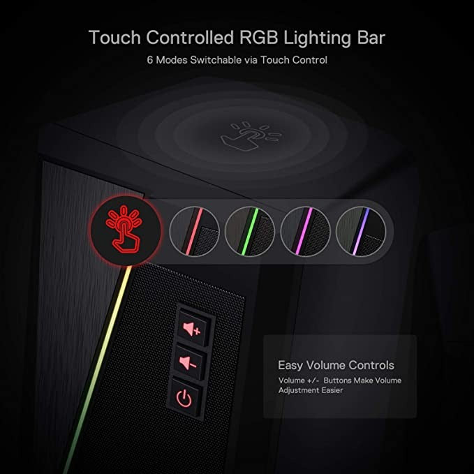 Redragon GS520 Anvil RGB PC Gaming Speakers – 6 Colorful LED Modes, Touch-Controlled Lighting, Easy Volume Control, USB Powered Stereo Sound for PC & Laptop